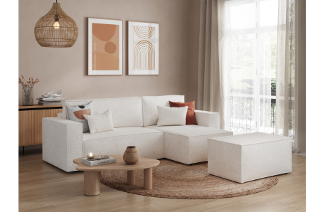 PACK - CLARISSE - Canapé d'angle convertible réversible avec pouf en tissu bouclettes