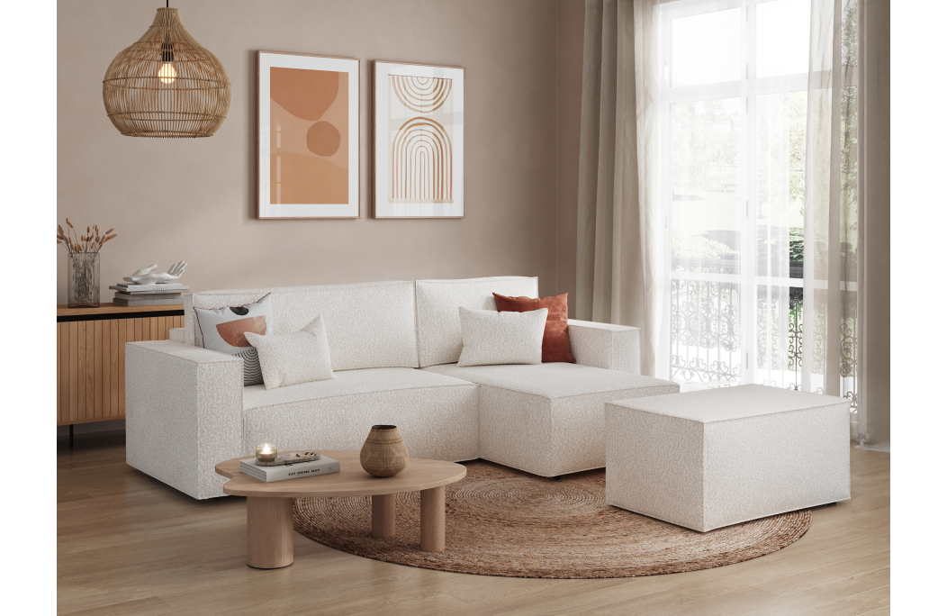 PACK - CLARISSE - Canapé d'angle convertible réversible avec pouf en tissu bouclettes
