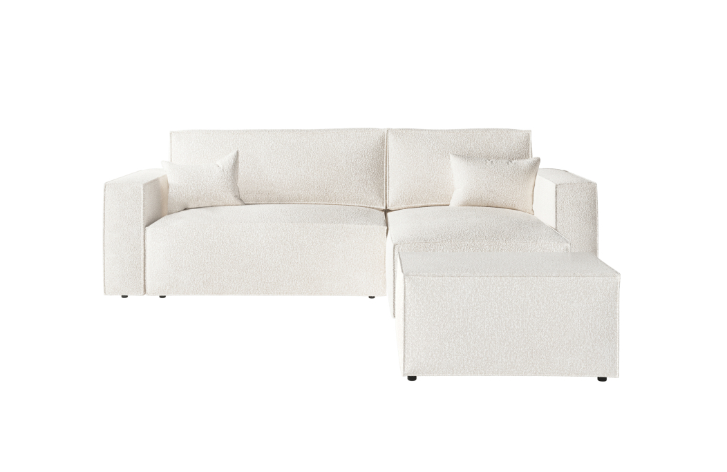 PACK - CLARISSE - Canapé d'angle convertible réversible avec pouf en tissu bouclettes