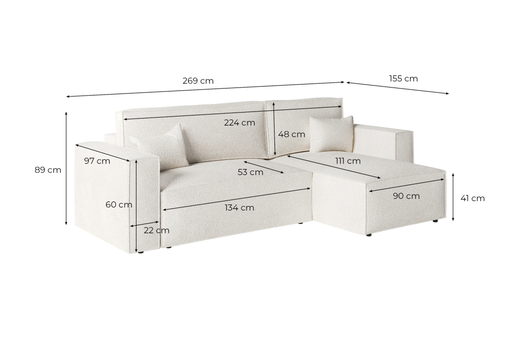 CLARISSE - Canapé d'angle convertible réversible avec coffre en tissu bouclettes