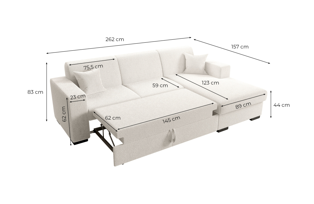 Canapé d'angle FUJI XL convertible avec coffre en tissu bouclette