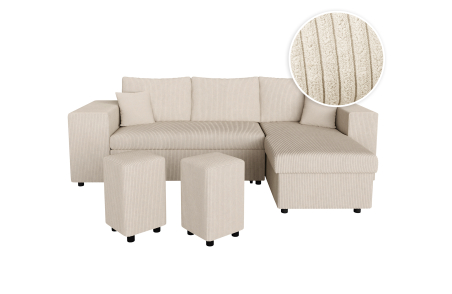Canapé d'angle MADY convertible avec coffre, 2 poufs et étagère en velours côtelé