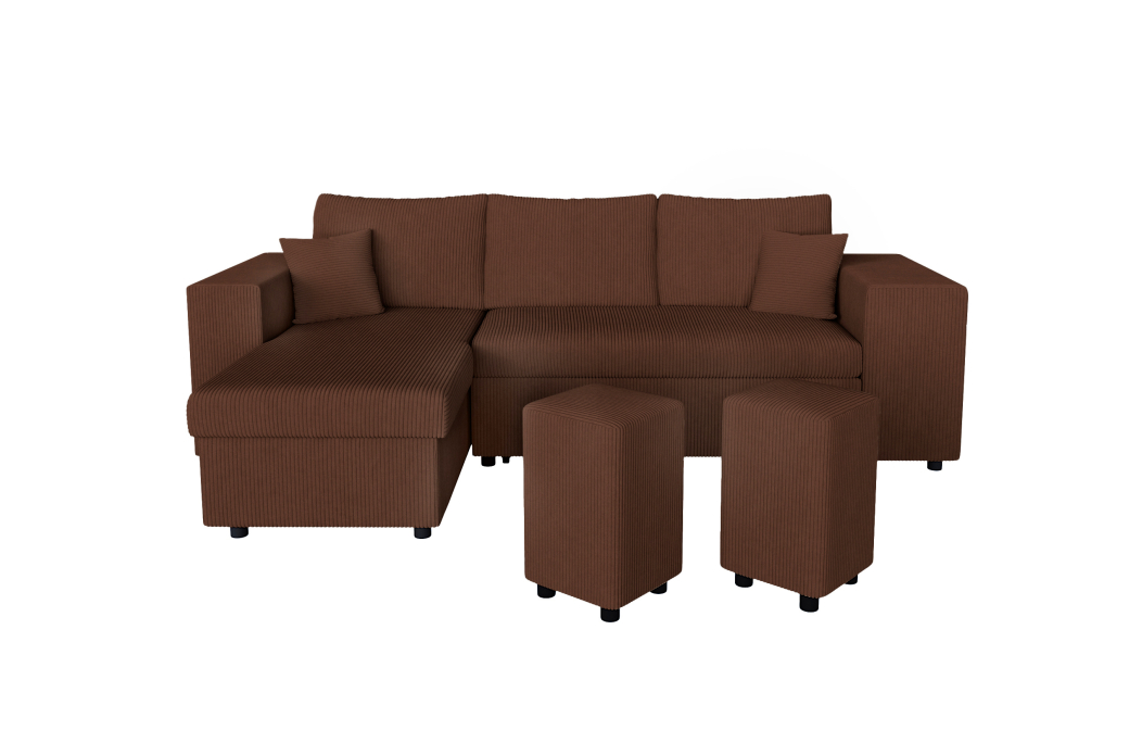 Canapé d'angle MADY convertible avec coffre, 2 poufs et étagère en velours côtelé