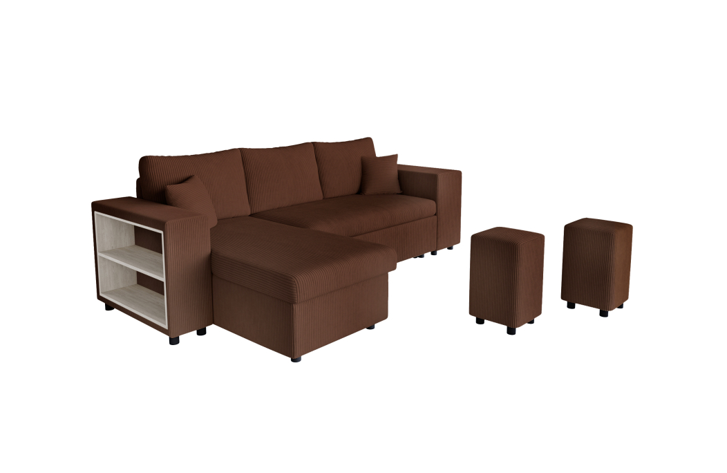 Canapé d'angle MADY convertible avec coffre, 2 poufs et étagère en velours côtelé