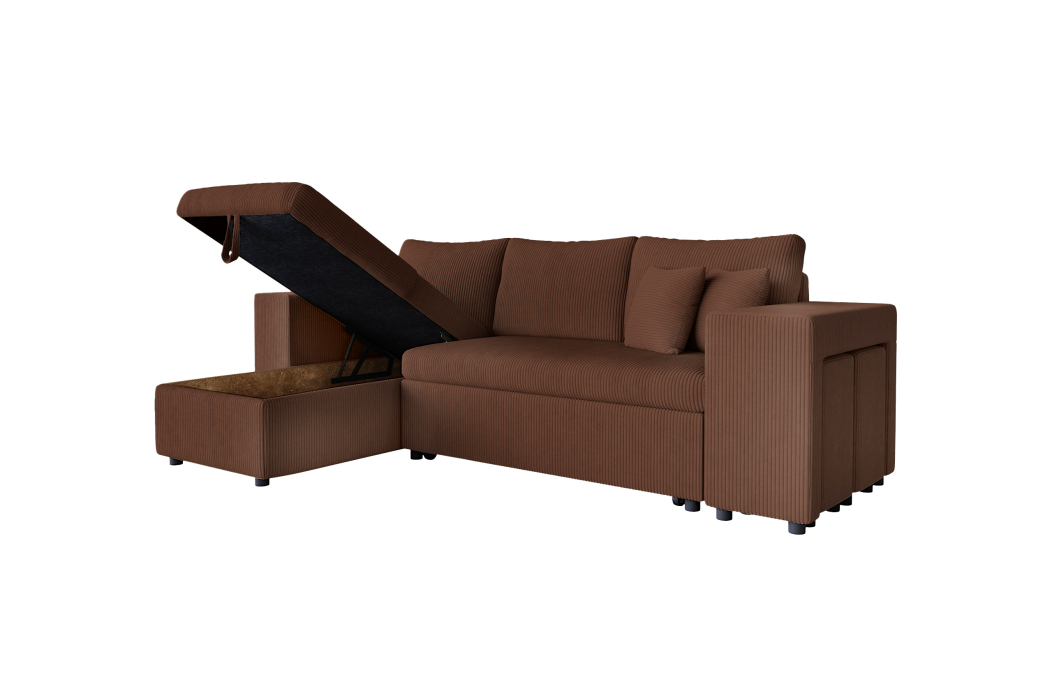Canapé d'angle MADY convertible avec coffre, 2 poufs et étagère en velours côtelé