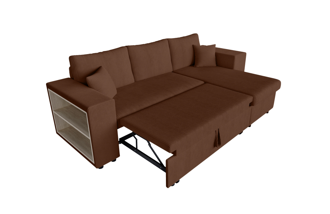 Canapé d'angle MADY convertible avec coffre, 2 poufs et étagère en velours côtelé