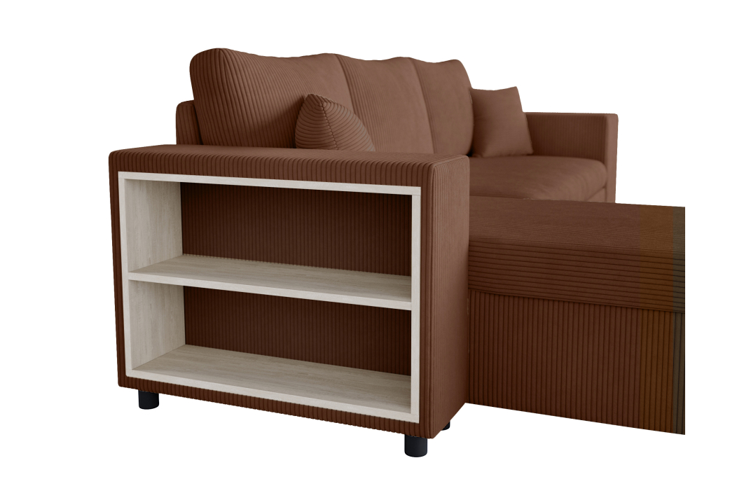 Canapé d'angle MADY convertible avec coffre, 2 poufs et étagère en velours côtelé