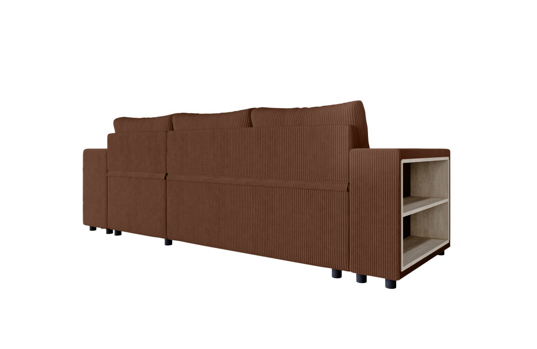 Canapé d'angle MADY convertible avec coffre, 2 poufs et étagère en velours côtelé