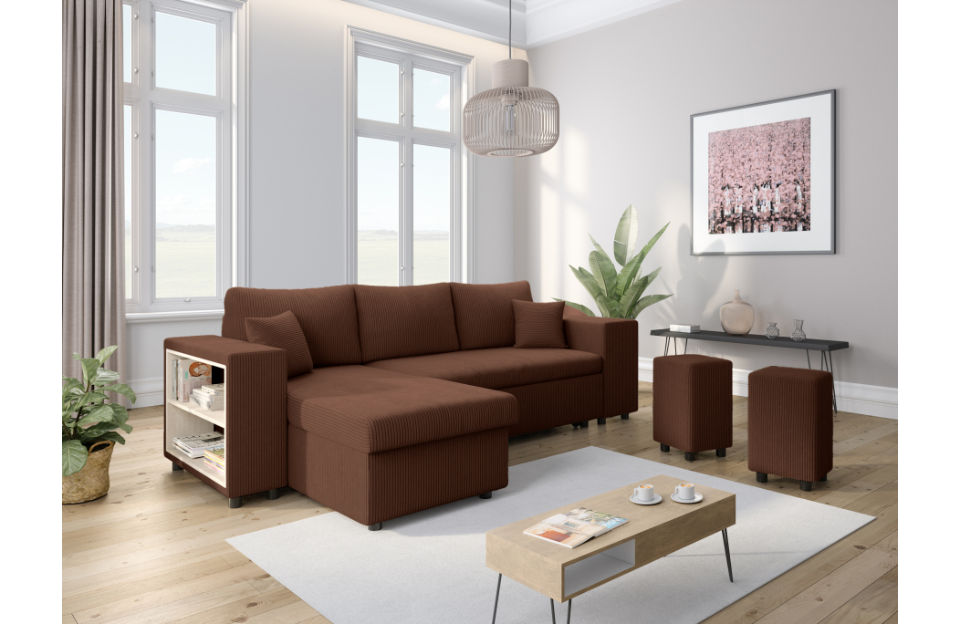 Canapé d'angle MADY convertible avec coffre, 2 poufs et étagère en velours côtelé