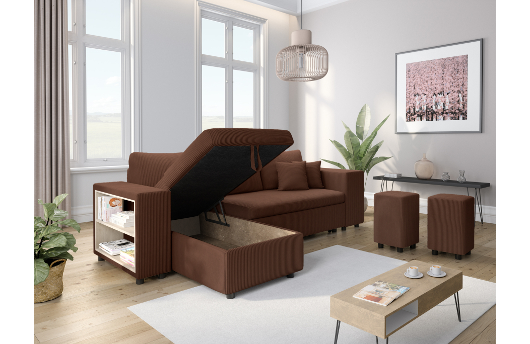 Canapé d'angle MADY convertible avec coffre, 2 poufs et étagère en velours côtelé