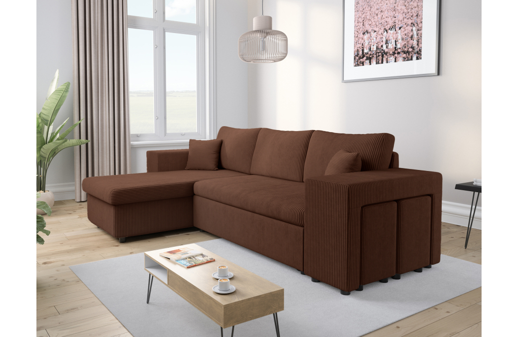 Canapé d'angle MADY convertible avec coffre, 2 poufs et étagère en velours côtelé