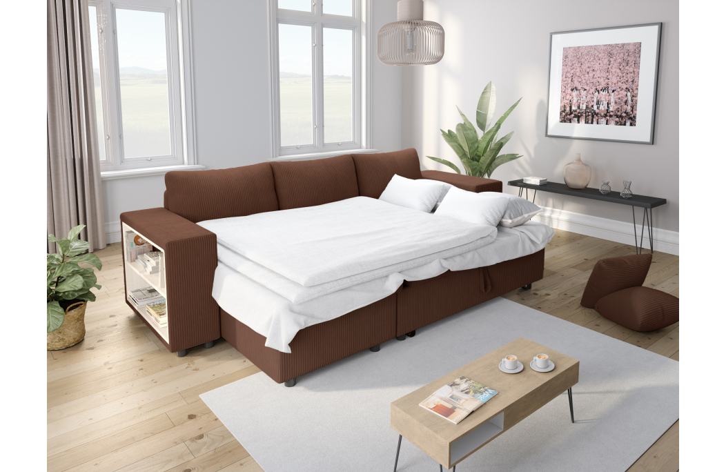 Canapé d'angle MADY convertible avec coffre, 2 poufs et étagère en velours côtelé