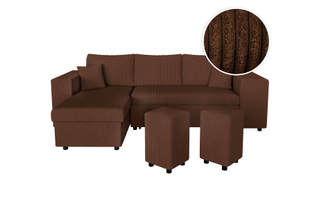 Canapé d'angle MADY convertible avec coffre, 2 poufs et étagère en velours côtelé