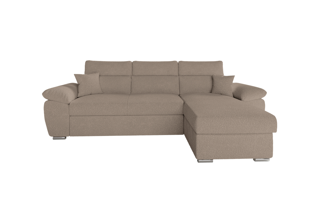 Canapé KOMECO d'angle reversible convertible avec coffre et têtières réglables en tissu bouclette