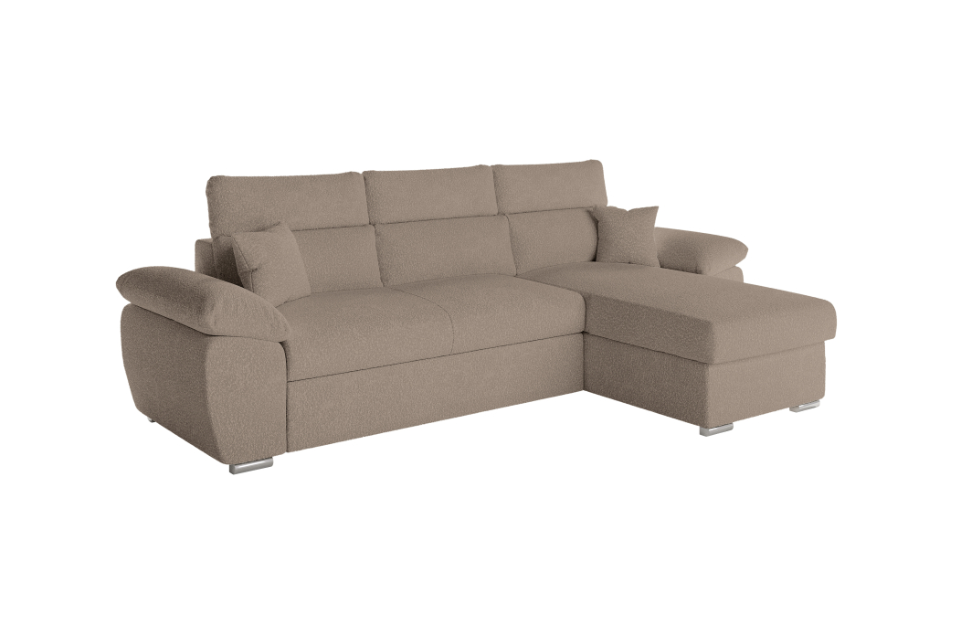 Canapé KOMECO d'angle reversible convertible avec coffre et têtières réglables en tissu bouclette