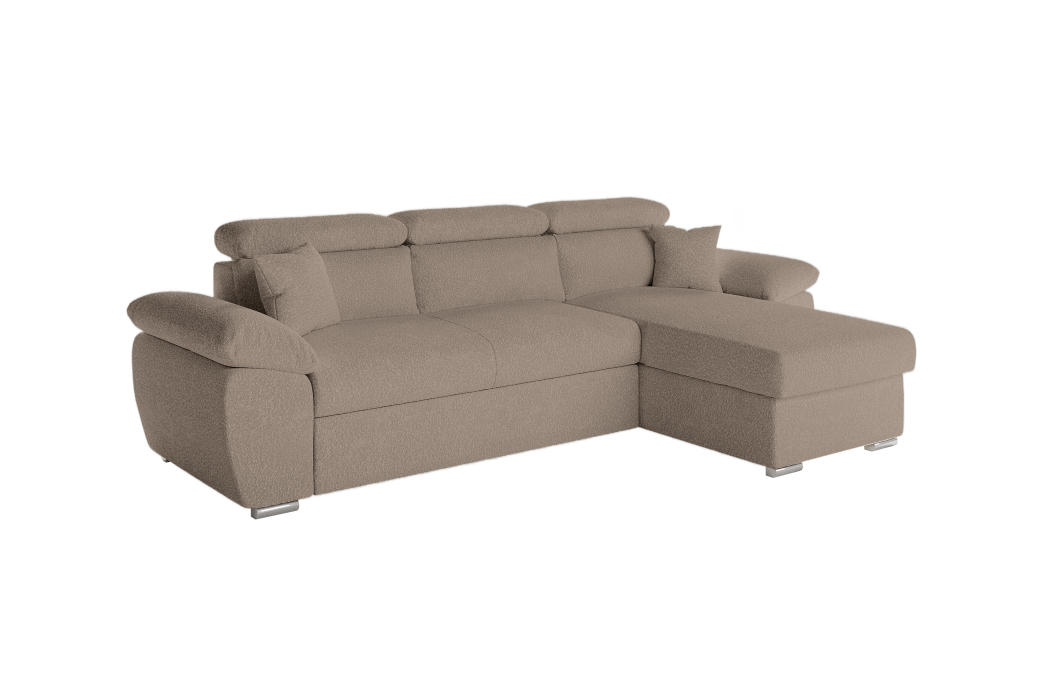 Canapé KOMECO d'angle reversible convertible avec coffre et têtières réglables en tissu bouclette