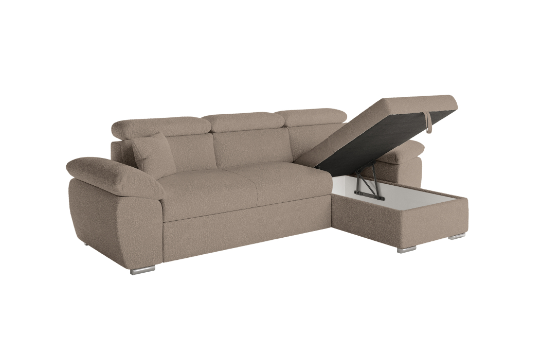 Canapé KOMECO d'angle reversible convertible avec coffre et têtières réglables en tissu bouclette