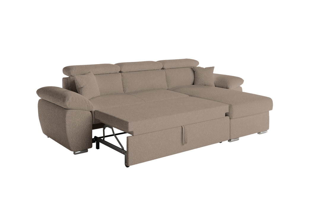 Canapé KOMECO d'angle reversible convertible avec coffre et têtières réglables en tissu bouclette