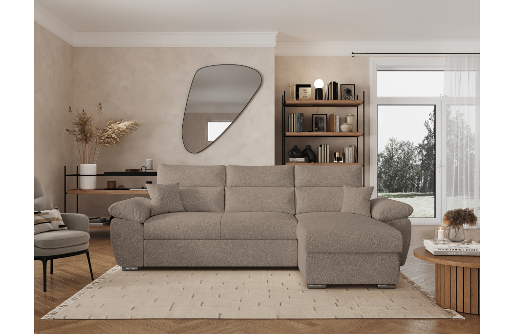 Canapé KOMECO d'angle reversible convertible avec coffre et têtières réglables en tissu bouclette