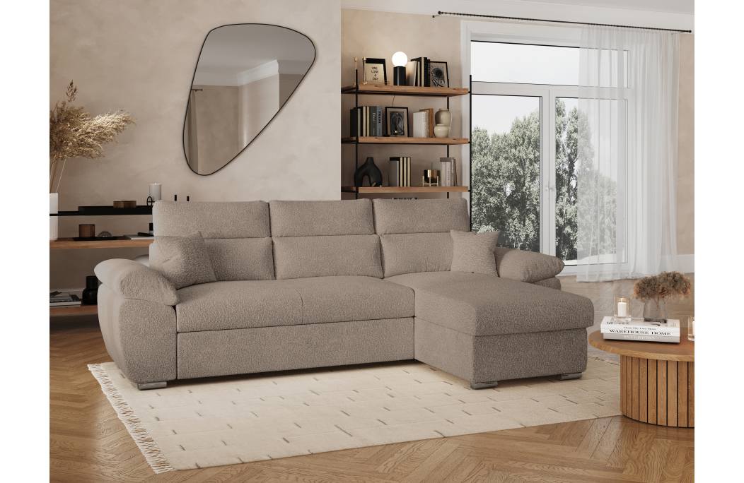 Canapé KOMECO d'angle reversible convertible avec coffre et têtières réglables en tissu bouclette