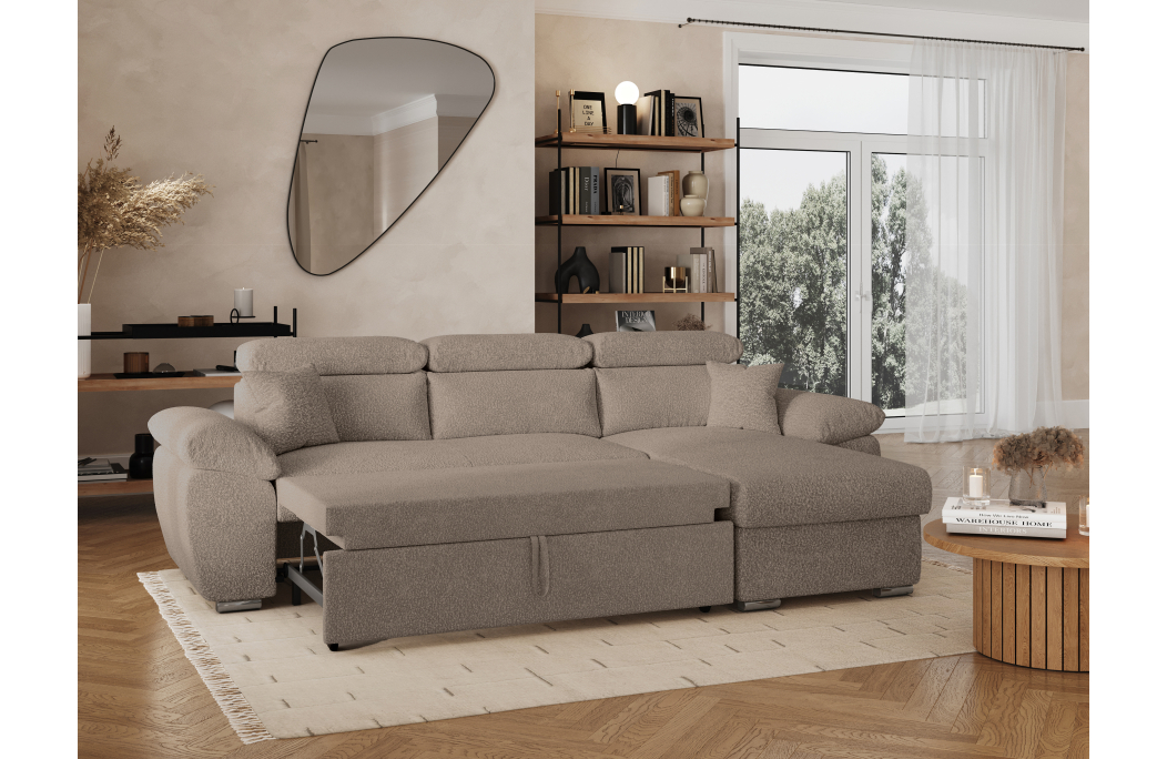 Canapé KOMECO d'angle reversible convertible avec coffre et têtières réglables en tissu bouclette