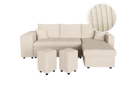 Canapé d'angle réversible convertible OSLO avec coffre et 2 poufs en velours côtelé