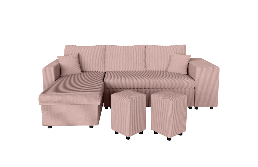Canapé d'angle réversible convertible OSLO avec coffre et 2 poufs en velours côtelé