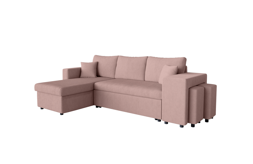 Canapé d'angle réversible convertible OSLO avec coffre et 2 poufs en velours côtelé