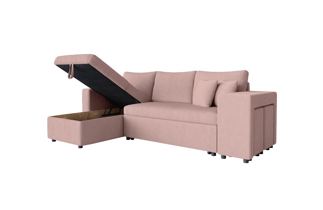 Canapé d'angle réversible convertible OSLO avec coffre et 2 poufs en velours côtelé
