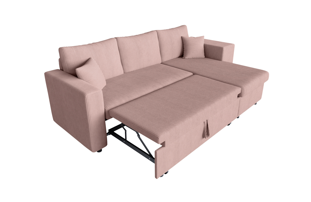 Canapé d'angle réversible convertible OSLO avec coffre et 2 poufs en velours côtelé