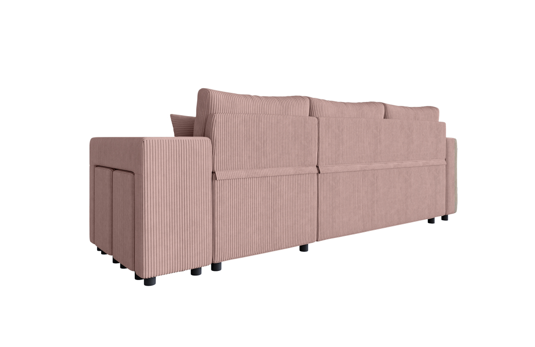 Canapé d'angle réversible convertible OSLO avec coffre et 2 poufs en velours côtelé