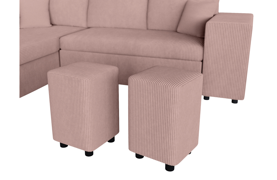 Canapé d'angle réversible convertible OSLO avec coffre et 2 poufs en velours côtelé