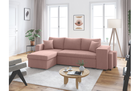 Canapé d'angle réversible convertible OSLO avec coffre et 2 poufs en velours côtelé
