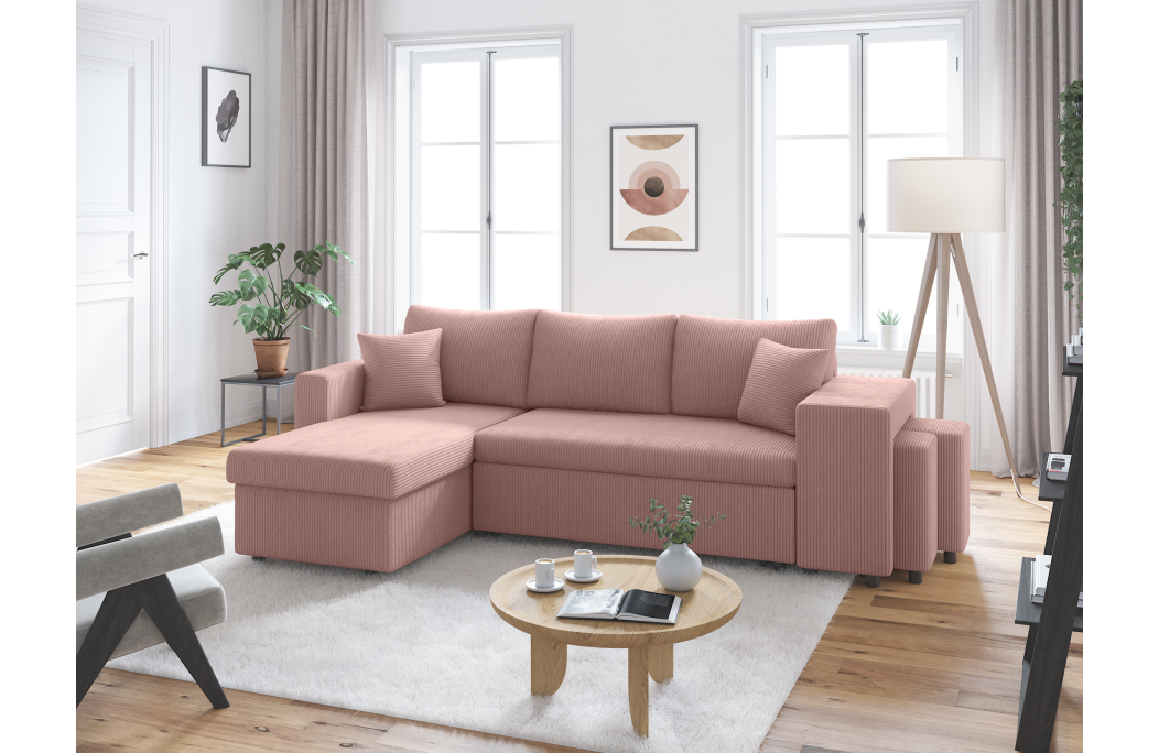 Canapé d'angle réversible convertible OSLO avec coffre et 2 poufs en velours côtelé