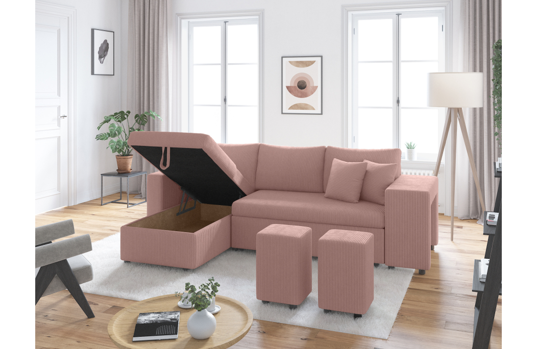 Canapé d'angle réversible convertible OSLO avec coffre et 2 poufs en velours côtelé