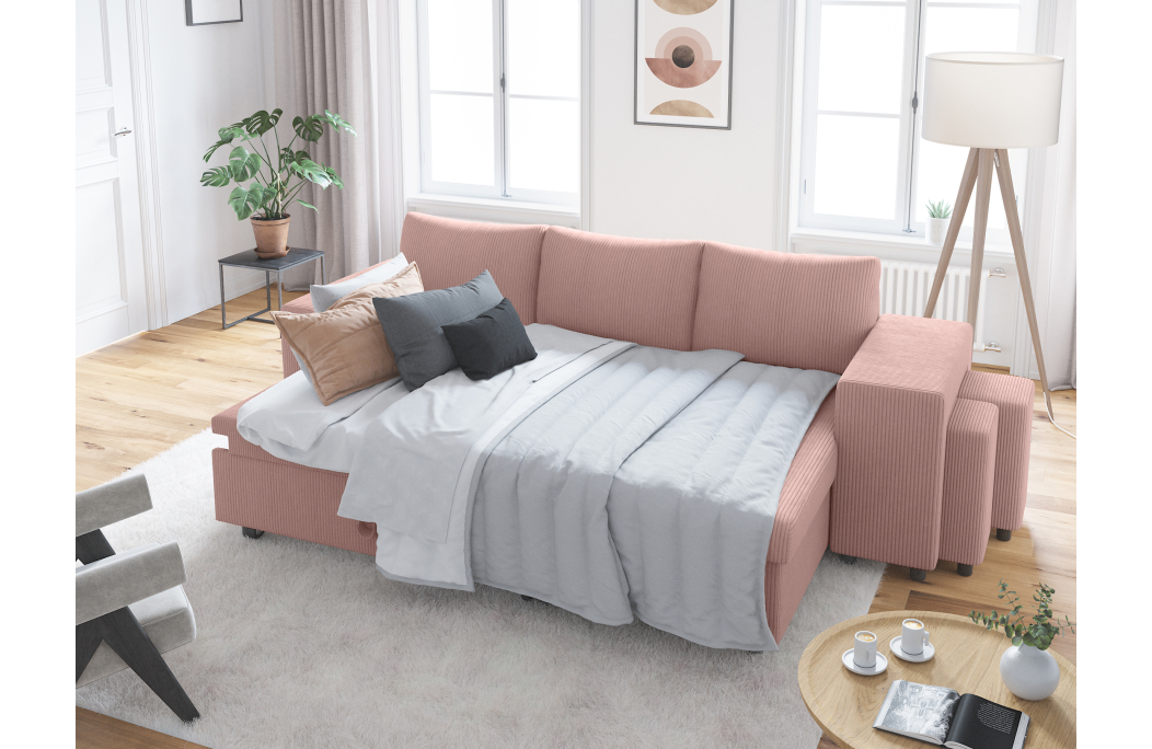 Canapé d'angle réversible convertible OSLO avec coffre et 2 poufs en velours côtelé