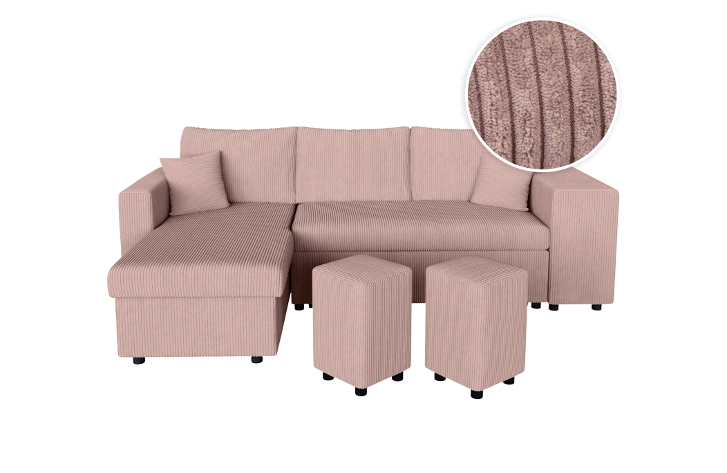 Canapé d'angle réversible convertible OSLO avec coffre et 2 poufs en velours côtelé