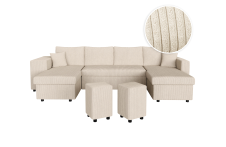 Canapé d'angle panoramique OSLO convertible avec 2 coffres et 2 poufs en velours côtelé