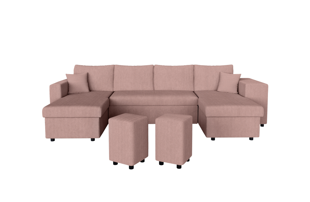 Canapé d'angle panoramique OSLO convertible avec 2 coffres et 2 poufs en velours côtelé