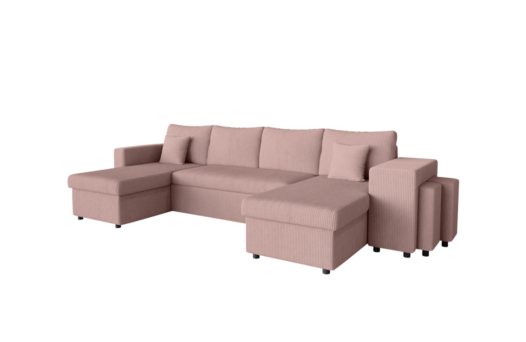 Canapé d'angle panoramique OSLO convertible avec 2 coffres et 2 poufs en velours côtelé