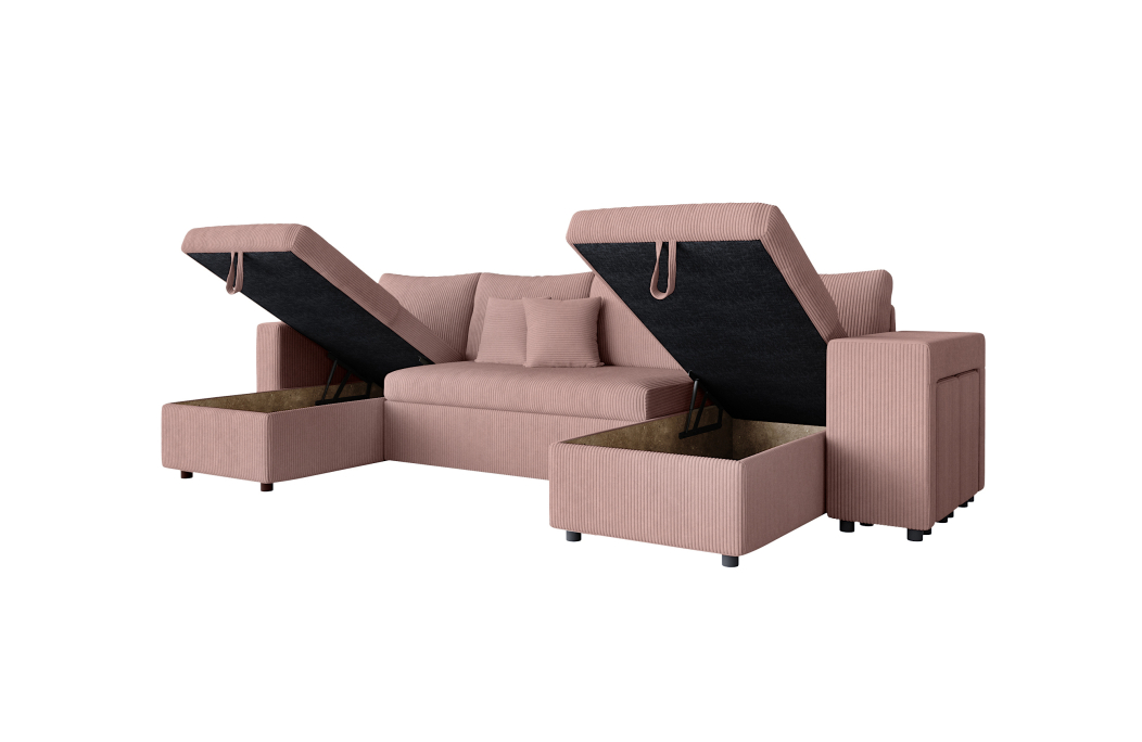 Canapé d'angle panoramique OSLO convertible avec 2 coffres et 2 poufs en velours côtelé