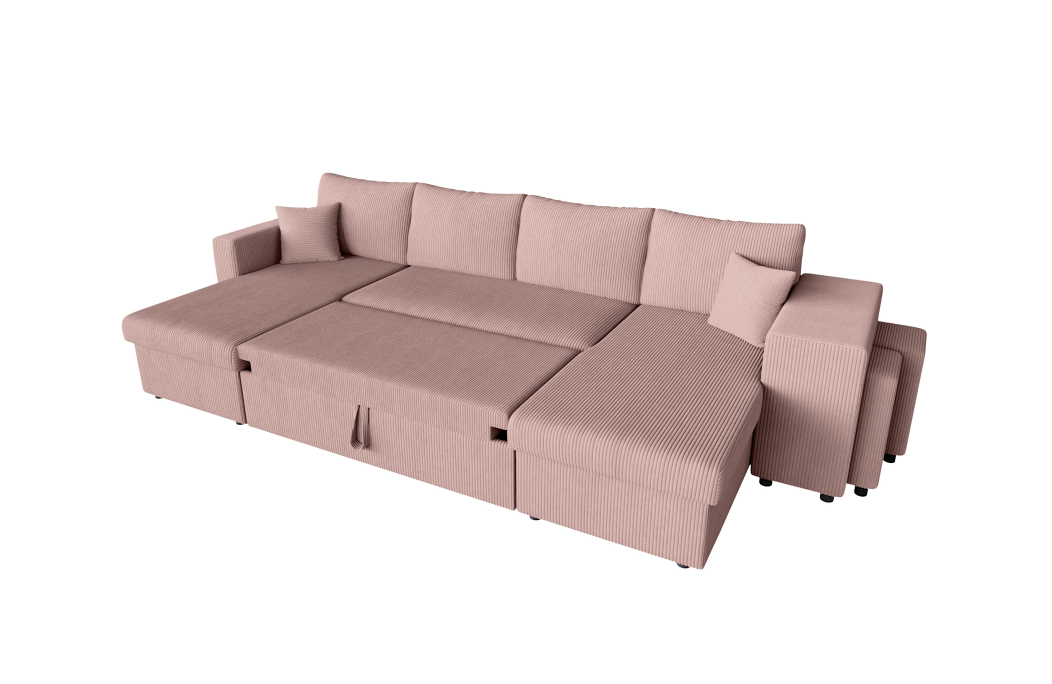 Canapé d'angle panoramique OSLO convertible avec 2 coffres et 2 poufs en velours côtelé