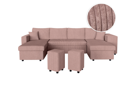 Canapé d'angle panoramique OSLO convertible avec 2 coffres et 2 poufs en velours côtelé