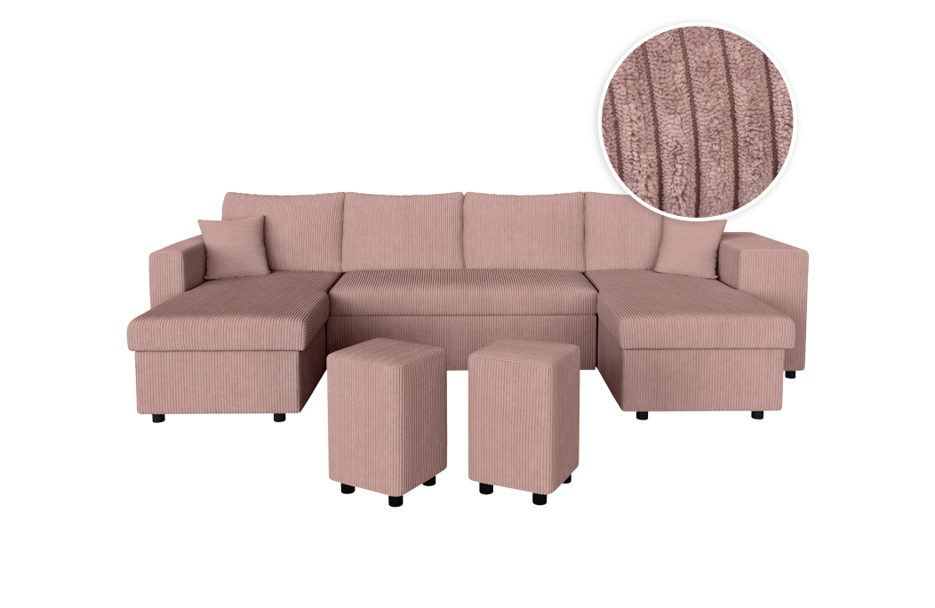 Canapé d'angle panoramique OSLO convertible avec 2 coffres et 2 poufs en velours côtelé