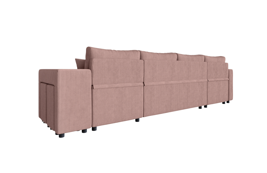 Canapé d'angle panoramique OSLO convertible avec 2 coffres et 2 poufs en velours côtelé