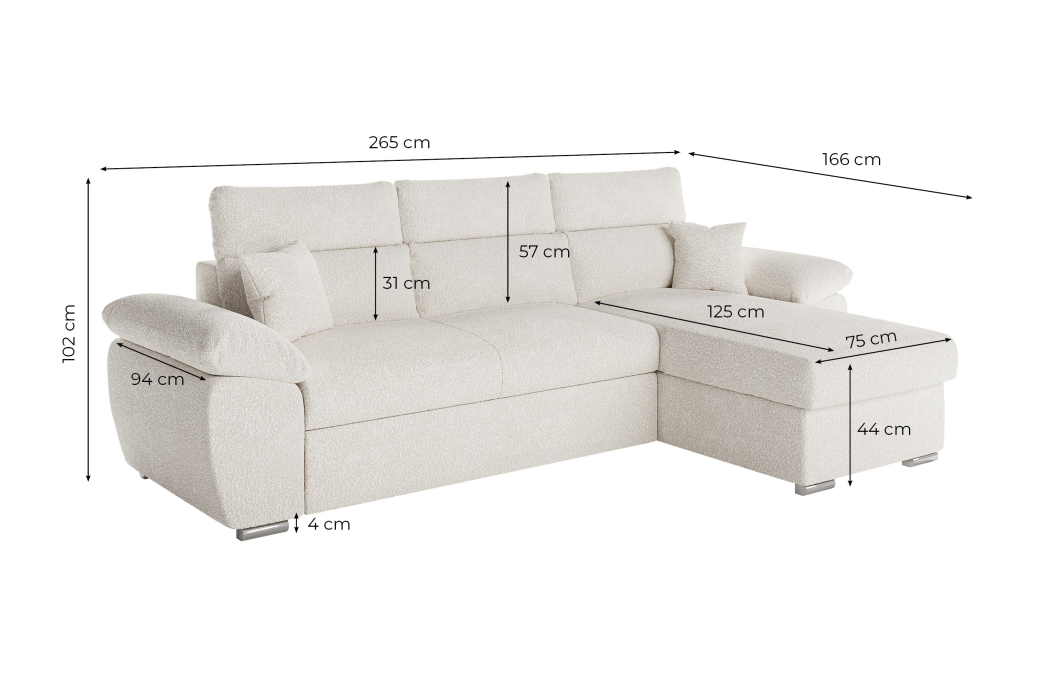 Canapé KOMECO d'angle reversible convertible avec coffre et têtières réglables en tissu bouclette