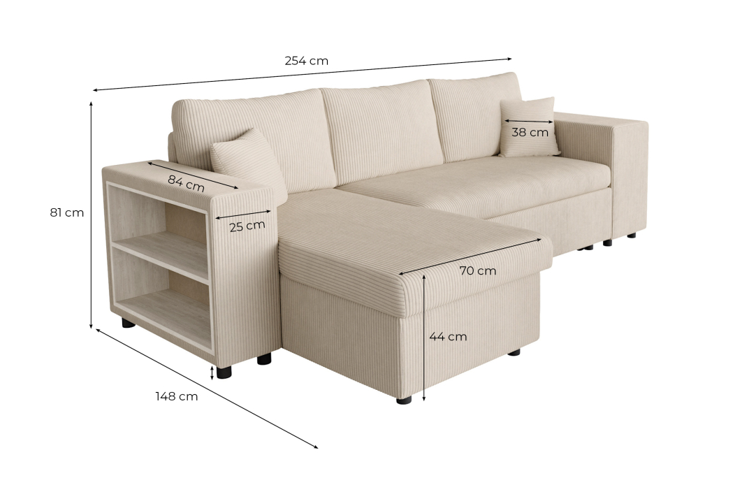 Canapé d'angle MADY convertible avec coffre, 2 poufs et étagère en velours côtelé