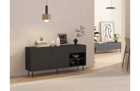 Buffet 2 portes et 1 tiroir PAYTON à lattes noir - 150x40 cm