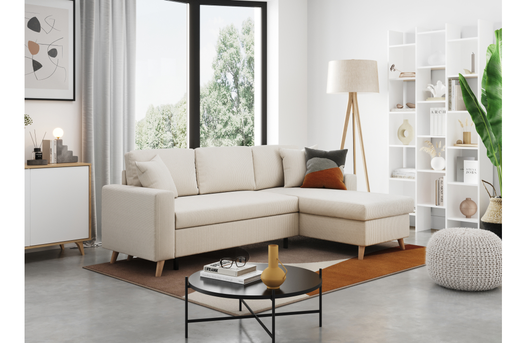 Canapé d'angle MARIA SCANDINAVE réversible convertible avec coffre en velours côtelé