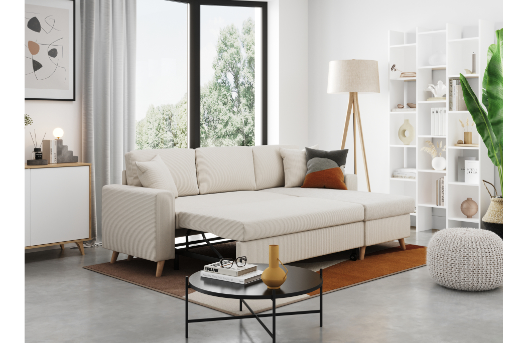 Canapé d'angle MARIA SCANDINAVE réversible convertible avec coffre en velours côtelé